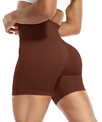 RIOJOY Kurze Leggings Damen Push Up Booty Sport Shorts High Waist Seamless Scrunch Butt Sportleggins für Gym Fitness Workout Yoga, Braun L von RIOJOY