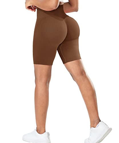 RIOJOY Kurze Leggings Damen Push Up Booty Sport Shorts High Waist Seamless Scrunch Butt Sportleggins für Gym Fitness Workout Yoga, Braun L von RIOJOY