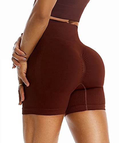 RIOJOY Kurze Leggings Damen Push Up Booty Sport Shorts High Waist Seamless Scrunch Butt Sportleggins für Gym Fitness Workout Yoga, Braun L von RIOJOY