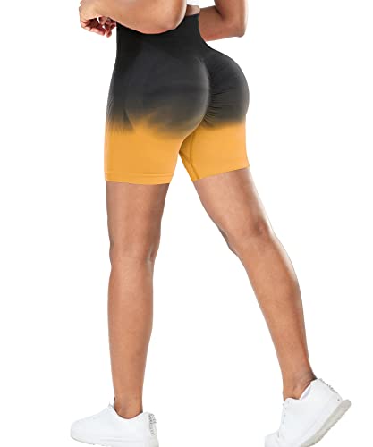 RIOJOY Kurze Leggings Damen Push Up Booty Sport Shorts High Waist Seamless Scrunch Butt Sportleggins für Gym Fitness Workout Yoga, Farbverlauf Orange S von RIOJOY
