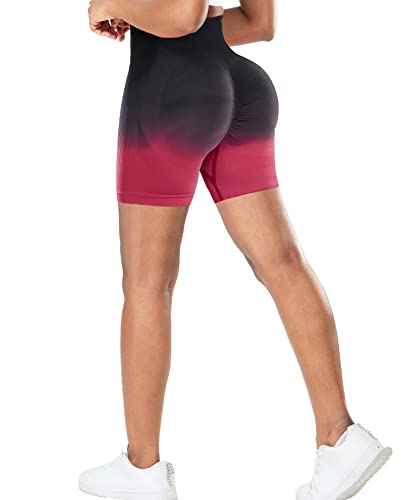 RIOJOY Kurze Leggings Damen Push Up Booty Sport Shorts High Waist Seamless Scrunch Butt Sportleggins für Gym Fitness Workout Yoga, Farbverlauf Rot M von RIOJOY