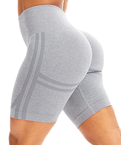 RIOJOY Kurze Leggings Damen Push Up Booty Sport Shorts High Waist Seamless Scrunch Butt Sportleggins für Gym Fitness Workout Yoga, Hellgrau L von RIOJOY