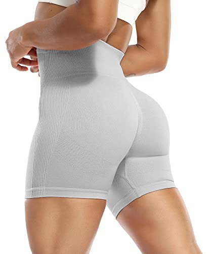 RIOJOY Kurze Leggings Damen Push Up Booty Sport Shorts High Waist Seamless Scrunch Butt Sportleggins für Gym Fitness Workout Yoga, Hellgrau XL von RIOJOY