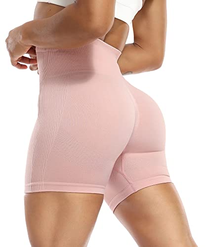 RIOJOY Kurze Leggings Damen Push Up Booty Sport Shorts High Waist Seamless Scrunch Butt Sportleggins für Gym Fitness Workout Yoga, Pink L von RIOJOY