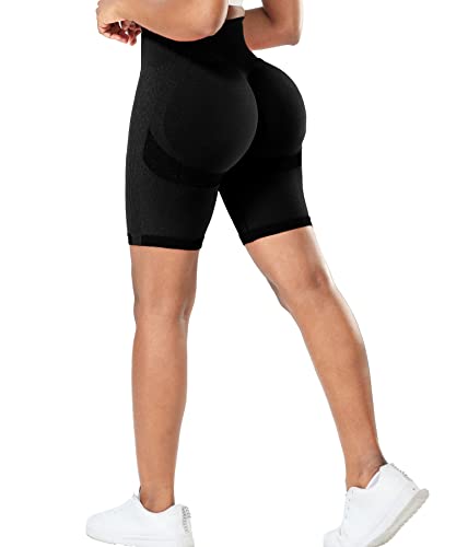 RIOJOY Kurze Leggings Damen Push Up Booty Sport Shorts High Waist Seamless Scrunch Butt Sportleggins für Gym Fitness Workout Yoga, Schwarz L von RIOJOY