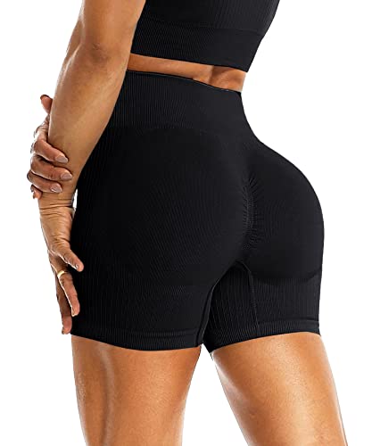 RIOJOY Kurze Leggings Damen Push Up Booty Sport Shorts High Waist Seamless Scrunch Butt Sportleggins für Gym Fitness Workout Yoga, Schwarz L von RIOJOY