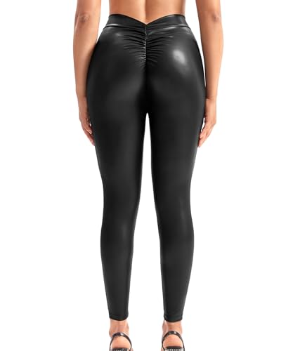 RIOJOY Leder Leggings Damen V Rücken Scrunch Butt Lederhose Sexy Leggins aus Kunstleder, Schwarz L von RIOJOY