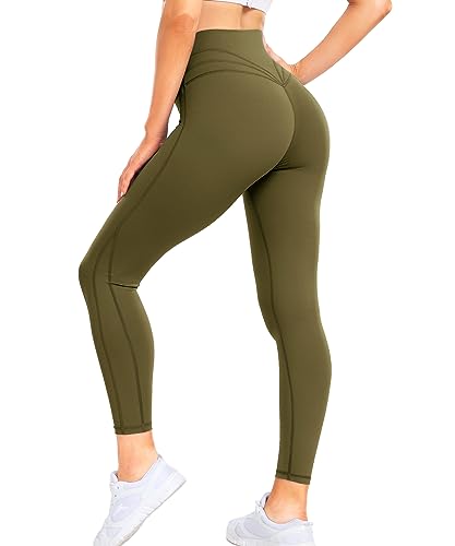 RIOJOY Leggings Damen High Waist Sportleggins Damen Lang Sporthose Yogahose Blickdicht Sport Tights für Fitness Training Casual Armeegrün M von RIOJOY