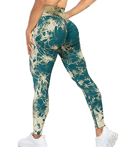 RIOJOY Scrunch Butt Leggings Damen High Waist Seamless Push Up Booty Leggins Hose für Sport Yoga Fitness Gym Workout, Batik Grün L von RIOJOY