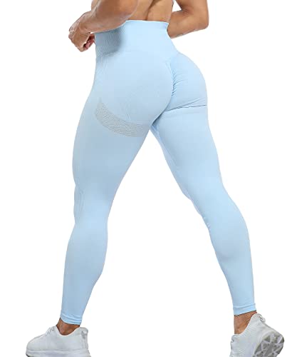 RIOJOY Scrunch Butt Leggings Damen High Waist Seamless Push Up Booty Leggins Hose für Sport Yoga Fitness Gym Workout, Blassblau M von RIOJOY