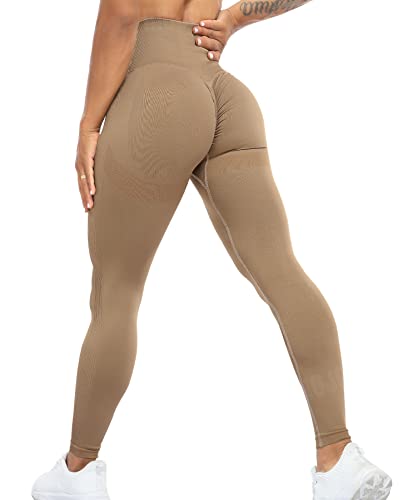 RIOJOY Scrunch Butt Leggings Damen High Waist Seamless Push Up Booty Leggins Hose für Sport Yoga Fitness Gym Workout, Hellbraun XL von RIOJOY