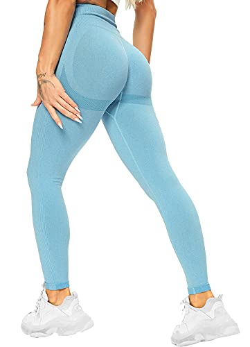 RIOJOY Scrunch Butt Leggings Damen High Waist Seamless Push Up Booty Leggins Hose für Sport Yoga Fitness Gym Workout, Himmelblau S von RIOJOY