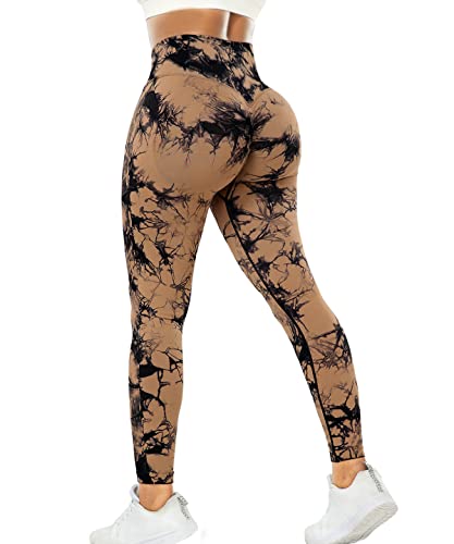 RIOJOY Scrunch Butt Leggings Damen Tie Dye High Waist Seamless Push Up Booty Leggins Hose Braun M von RIOJOY