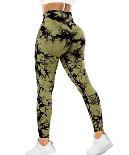 RIOJOY Scrunch Butt Leggings Damen Tie Dye High Waist Seamless Push Up Booty Leggins Hose Grün L von RIOJOY