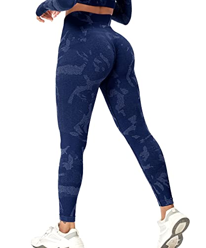 RIOJOY Scrunch Butt Sport Leggings Damen High Waist Seamless Gym Fitness Booty Leggings Sporthose, Camo Dunkelblau L von RIOJOY