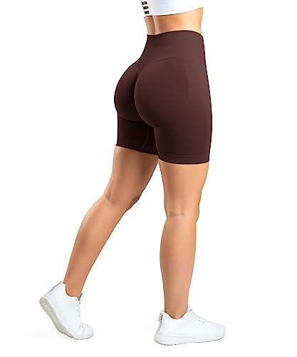 RIOJOY Scrunch Butt Sport Shorts Damen Seamless Push Up Leggings Kurz Gym Fitness Workout Booty Shorts, Braun L von RIOJOY