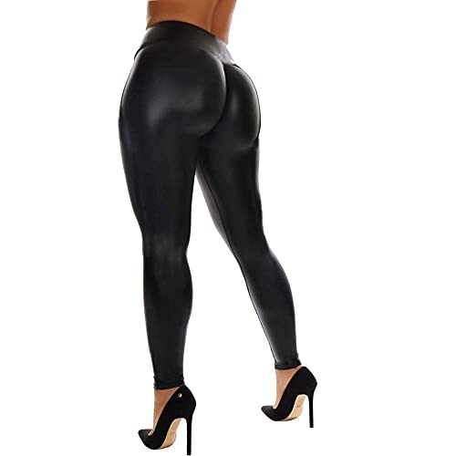 RIOJOY Sexy Damen-Leggings, PU-Leder, hohe Taille, Po, Lifting, Lederhose, dehnbar, Kunstleder, Push-Up, A-basic Matt Black, 4X-Groß von RIOJOY