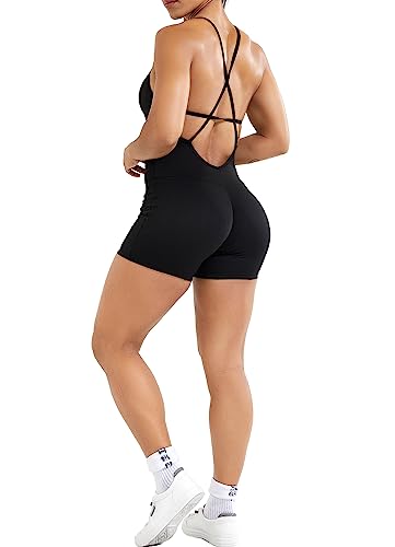 RIOJOY Sport Jumpsuit Damen Kurz Sommer Gepolstert Romper Shorts Sexy Rückenfrei One Piece Overall Outfits, Schwarz L von RIOJOY