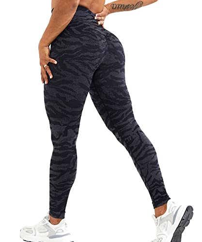 RIOJOY Sport Leggings Damen Scrunch Butt Gym Leggings High Waist Seamless Push Up Po Sportleggins, Zebramuster Schwarz S von RIOJOY