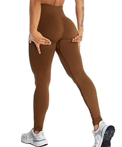 RIOJOY Sport Leggings Damen Scrunch Butt Gym Leggings High Waist Seamless Push Up Po Sportleggins, Basic Braun L von RIOJOY