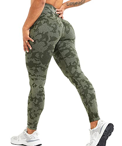 RIOJOY Sport Leggings Damen Scrunch Butt Gym Leggings High Waist Seamless Push Up Po Sportleggins, Tarnmuster Armeegrün S von RIOJOY