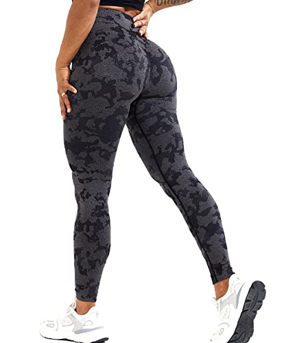 RIOJOY Sport Leggings Damen Scrunch Butt Gym Leggings High Waist Seamless Push Up Po Sportleggins, Tarnmuster Schwarz S von RIOJOY