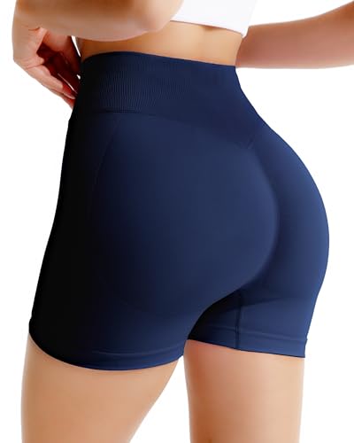RIOJOY Sport Shorts Damen, 4D High-Waisted Workout Short für Frauen, Nahtlose 4'' Bauchkontroll Scrunch Butt Lifting Impact, Versteckte Tasche Yoga Athletic Biker von RIOJOY