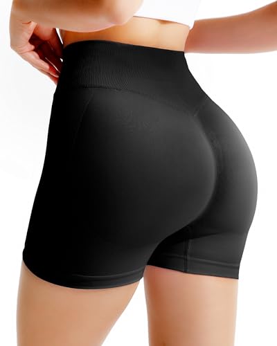 RIOJOY Sport Shorts Damen, 4D High-Waisted Workout Short für Frauen, Nahtlose 4'' Bauchkontroll Scrunch Butt Lifting Impact, Versteckte Tasche Yoga Athletic Biker von RIOJOY