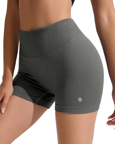 RIOJOY Sport Shorts Damen, Nahtlose Workout Short für Frauen, 4'' Hochtaillierte Bauchkontroll, Ohne Vordernaht Yoga Biker Athletic Laufshorts von RIOJOY