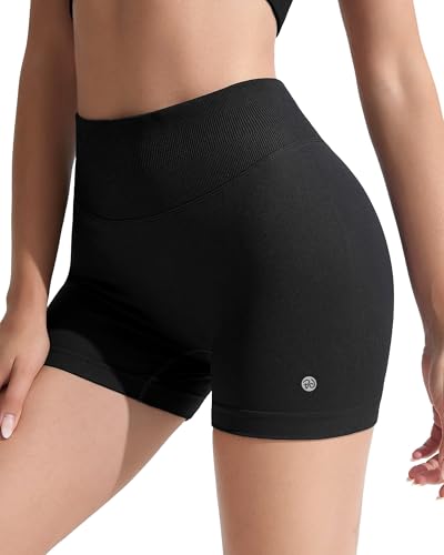 RIOJOY Sport Shorts Damen, Nahtlose Workout Short für Frauen, 4'' Hochtaillierte Bauchkontroll, Ohne Vordernaht Yoga Biker Athletic Laufshorts von RIOJOY