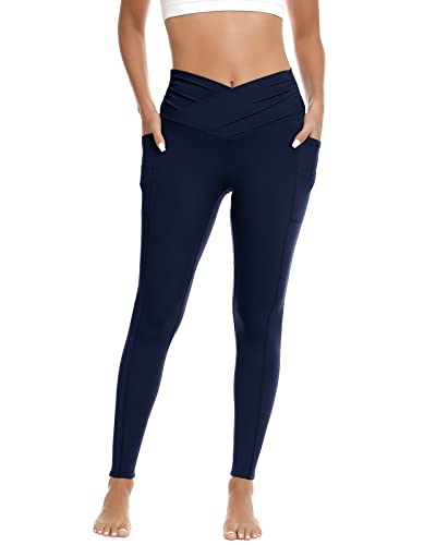 RIOJOY Sporthose Damen Lang mit 4 Taschen, Blickdichte Schwarz Hohe Taille Leggins mit Handyfach, Crossover Bund Stretch Yogahose für Fitness Training Workout(L,B-Taschen-Marine Blau) von RIOJOY