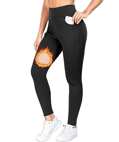 RIOJOY Thermoleggins für Damen Gefütterte Leggings Mit Fleece Verdickte Winter Warme Leggings Hose Mit Taschen für Alltag, Schwarz S von RIOJOY