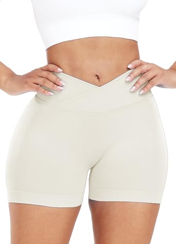 RIOJOY V Cross Gym Shorts Damen Scrunch Butt Booty Shorts Sport Workout Kurze Leggings Beige L von RIOJOY