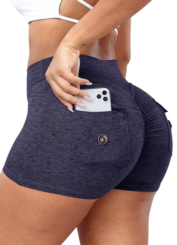 RIOJOY V Cross Waist Gym Shorts Damen Scrunch Butt Cargo Kurze Leggings Sport Shorts mit Taschen Dunkelblau L von RIOJOY