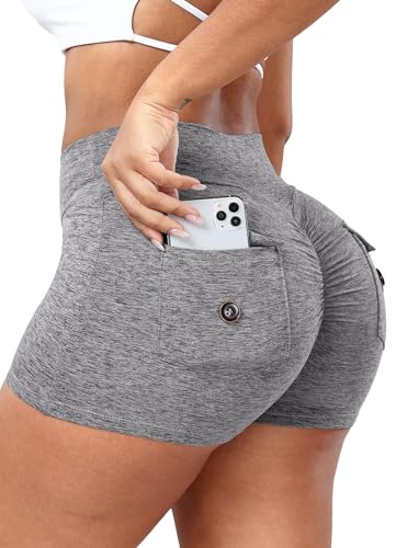 RIOJOY V Cross Waist Gym Shorts Damen Scrunch Butt Cargo Kurze Leggings Sport Shorts mit Taschen Grau S von RIOJOY