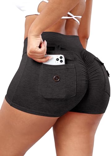 RIOJOY V Cross Waist Gym Shorts Damen Scrunch Butt Cargo Kurze Leggings Sport Shorts mit Taschen Schwarz L von RIOJOY