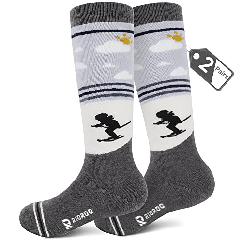 RIOROO 2 Paar Merinowolle Unisex Skisocken Kinder, Skisocken Kinder Dicke VerstäRkte SkistrüMpfe für Jungen Mädchen Thermo Wintersocken Warm Und Atmungsaktiv mit Anti-Rutsch-Bündchen Wade Design von RIOROO