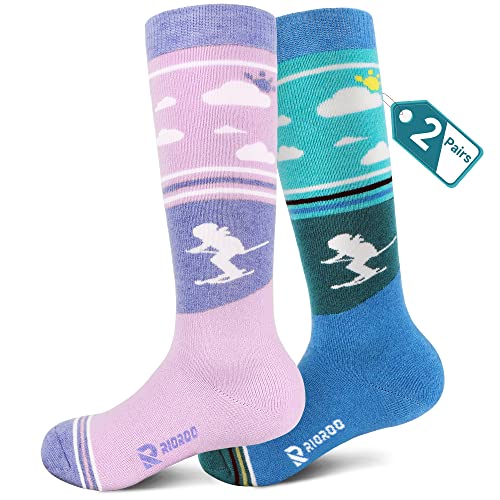 RIOROO 2 Paar Merinowolle Unisex Skisocken Kinder, Skisocken Kinder Dicke VerstäRkte SkistrüMpfe für Jungen Mädchen Thermo Wintersocken Warm Und Atmungsaktiv mit Anti-Rutsch-Bündchen Wade Design von RIOROO