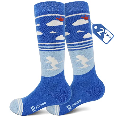 RIOROO 2 Paar Merinowolle Unisex Skisocken Kinder, Skisocken Kinder Dicke VerstäRkte SkistrüMpfe für Jungen Mädchen Thermo Wintersocken Warm Und Atmungsaktiv mit Anti-Rutsch-Bündchen Wade Design von RIOROO
