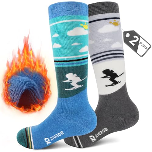 RIOROO 2 Paar Merinowolle Unisex Skisocken Kinder, Skisocken Kinder Dicke VerstäRkte SkistrüMpfe für Jungen Mädchen Thermo Wintersocken Warm Und Atmungsaktiv mit Anti-Rutsch-Bündchen Wade Design von RIOROO
