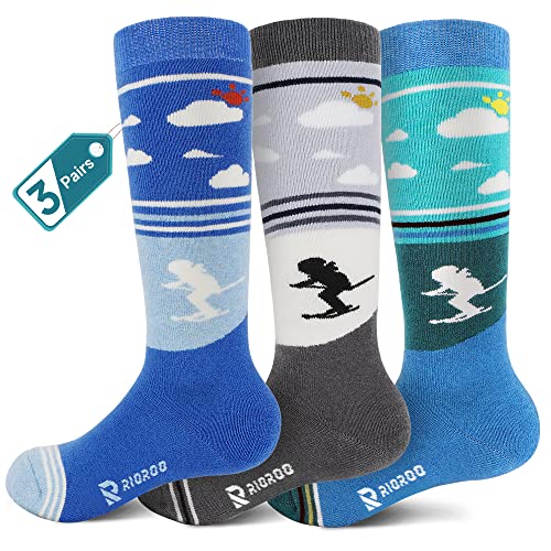 RIOROO 3 Paar Merinowolle Unisex Skisocken Kinder, Skisocken Kinder Dicke VerstäRkte SkistrüMpfe für Jungen Mädchen Thermo Wintersocken Warm Und Atmungsaktiv mit Anti-Rutsch-Bündchen Wade Design von RIOROO