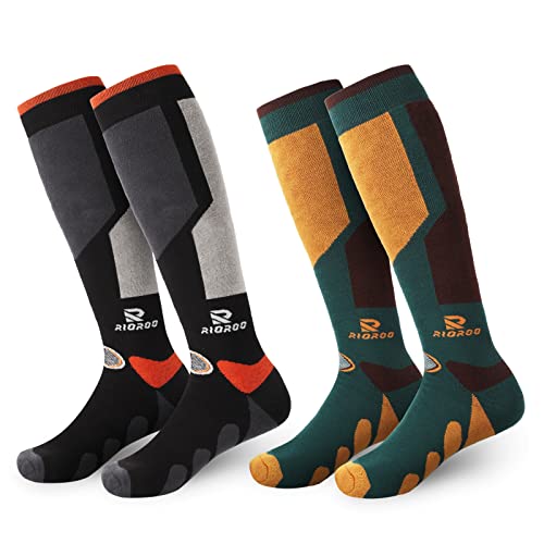 RIOROO Skisocken Herren & Damen 2 Paar, High Performance Thermo Kniehohe Wintersocken zum Skifahren Lang und Warm, Gepolsterte Sohle Atmungsaktiv Schnell Trocknend für Skifahren, Wandern von RIOROO