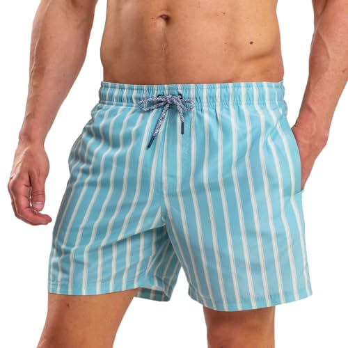RIPT Herren Essentials Badeshorts schnell trocknend UV 50 Sonnenschutz Badehose, Hellblauer Streifendruck, XXL von RIPT