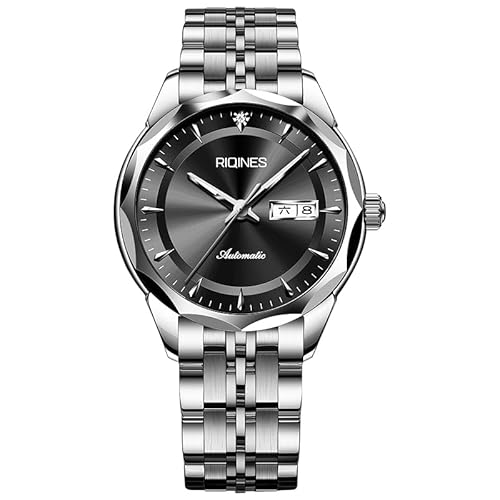 RIQINES Herren Vollautomatische Mechanische Uhr Wolframstahl Ring Wochenkalender Männer Nachtlicht Wasserdicht Mode Vielseitige Business Uhr 6608, Edelstahl schwarz von RIQINES