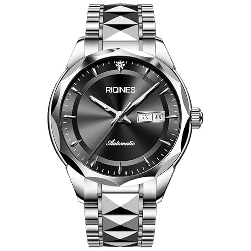 RIQINES Herren Vollautomatische Mechanische Uhr Wolframstahl Ring Wochenkalender Männer Nachtlicht Wasserdicht Mode Vielseitige Business Uhr 6608, Wolframstahl schwarz von RIQINES