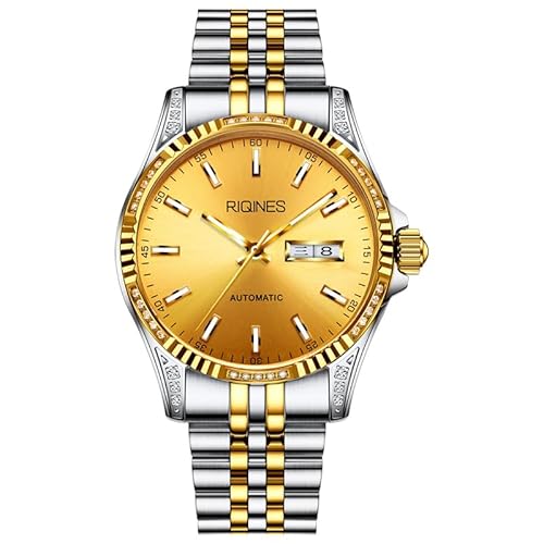 RIQINES Klassische Business Herren Vollautomatische Mechanische Uhr Edelstahl Wochenkalender Männer Nachtlicht Wasserdicht Mode Vielseitige Uhr 6066, Zwischen Gold von RIQINES