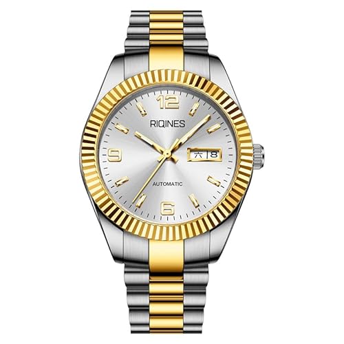 RIQINES Luxus Digital Herren Vollautomatische Mechanische Uhr Edelstahl Wochenkalender Männer Nachtlicht Wasserdicht Mode Trend Uhr 2066, Goldweiß von RIQINES