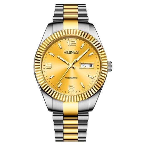 RIQINES Luxus Digital Herren Vollautomatische Mechanische Uhr Edelstahl Wochenkalender Männer Nachtlicht Wasserdicht Mode Trend Uhr 2066, Zwischen Gold von RIQINES