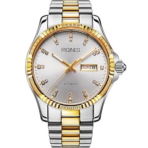 RIQINES Luxus Herren Vollautomatische Mechanische Uhr Edelstahl Wochenkalender Männer Nachtlicht Wasserdicht Mode Business Uhr 2062SZ, Goldweiß von RIQINES