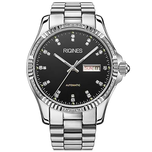 RIQINES Luxus Herren Vollautomatische Mechanische Uhr Edelstahl Wochenkalender Männer Nachtlicht Wasserdicht Mode Business Uhr 2062SZ, Schwarz von RIQINES